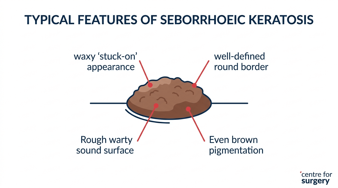 Diagram showing the typical features of a seborrhoeic keratosis: stuck-on appearance, well-defined border, warty surface, even brown colour