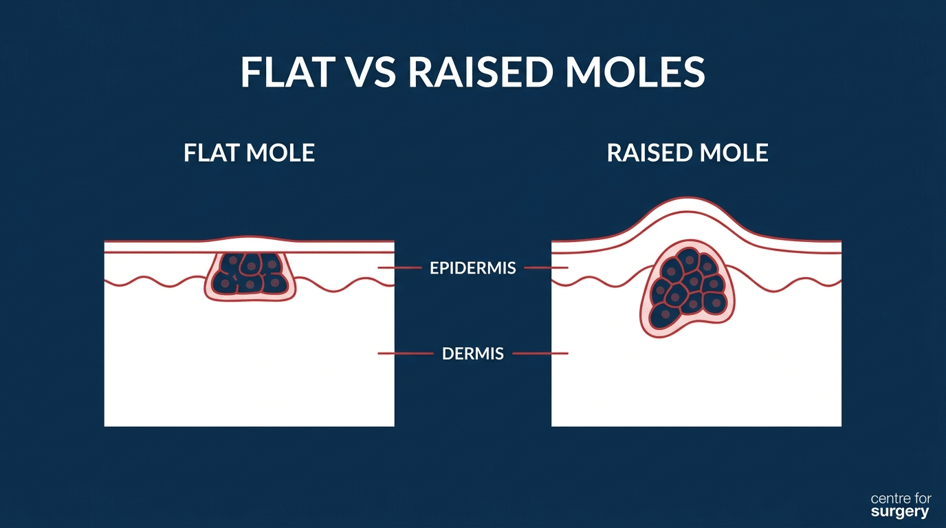 Cross-section diagram comparing a flat mole (junctional naevus) and a raised mole showing pigment cell depth in the epidermis and dermis