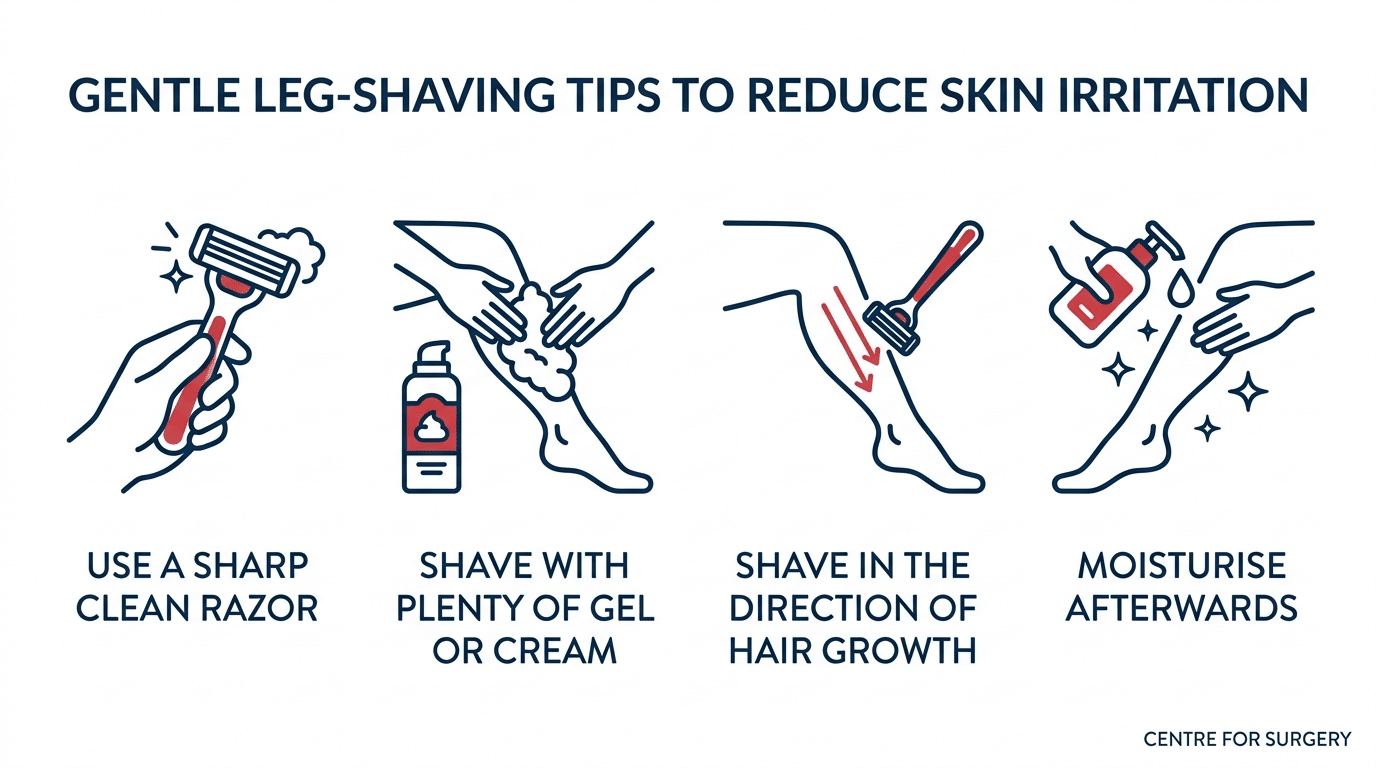 Gentle leg-shaving tips to reduce skin irritation: sharp clean razor, plenty of shaving gel, shave with the grain, moisturise after