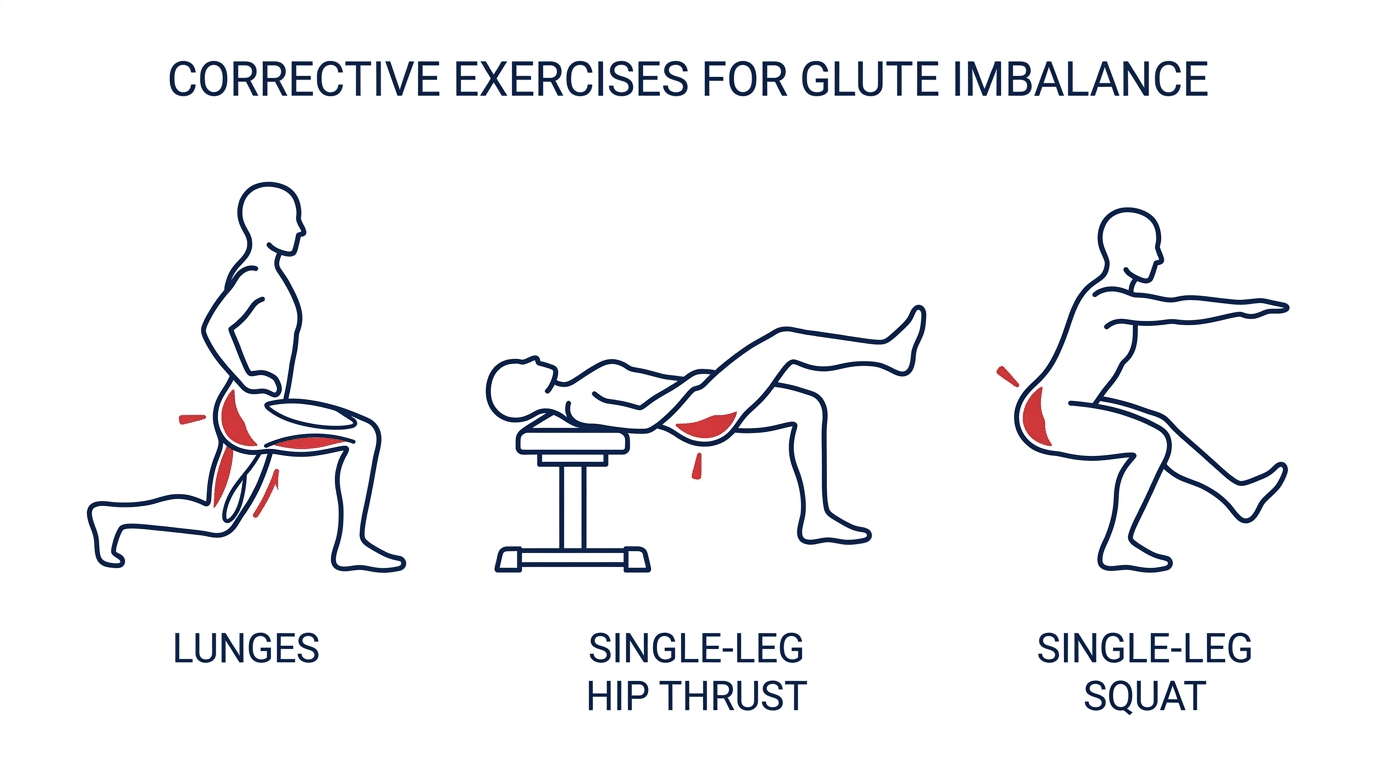 Medical diagram showing three corrective exercises for glute imbalance lunges single-leg hip thrust and single-leg squat