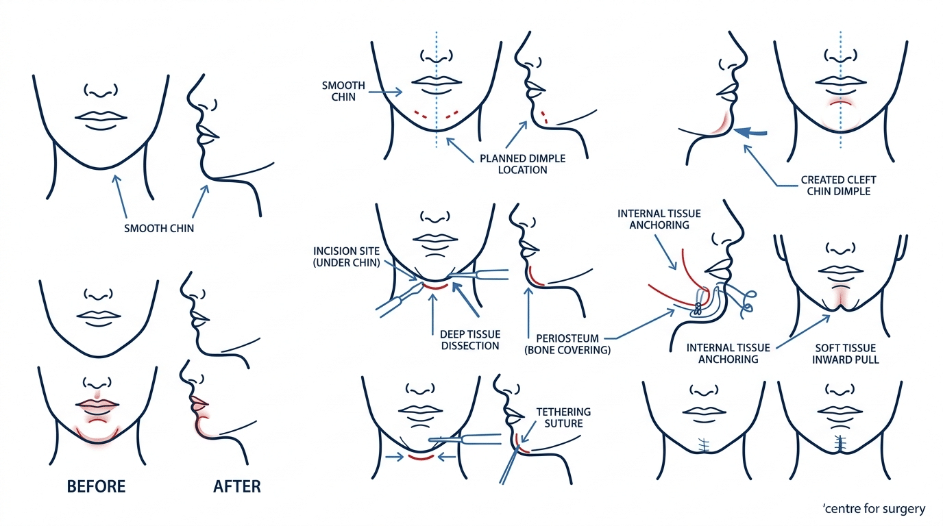 Diagram showing how a cleft chin dimple is surgically created using a soft-tissue suture technique