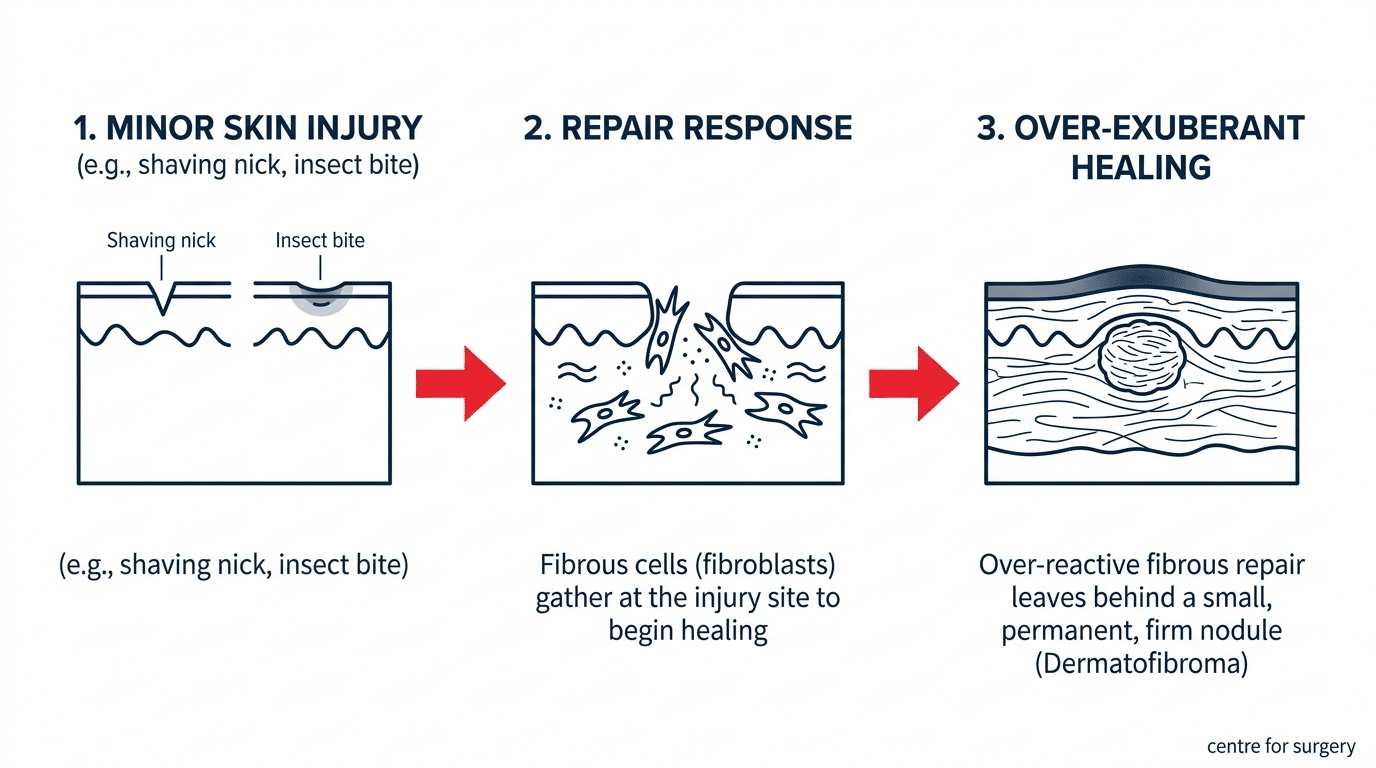 Diagram showing how a minor skin injury such as a shaving nick can trigger an over-exuberant healing response that forms a dermatofibroma