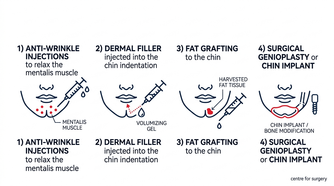 Four options to remove or soften a cleft chin by permanence: anti-wrinkle injections, dermal filler, fat grafting, and genioplasty or chin implant