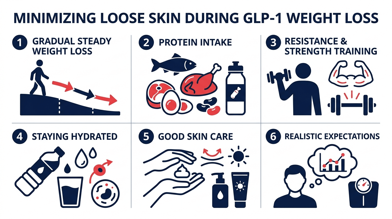 Medical infographic showing ways to minimise loose skin during GLP-1 weight loss including gradual weight loss protein resistance training hydration skin care and realistic expectations