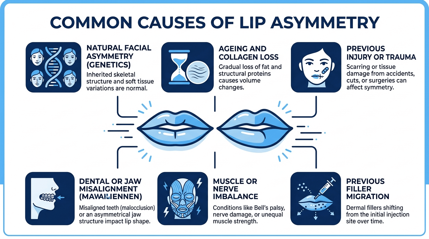 Medical diagram showing six common causes of lip asymmetry including natural facial asymmetry ageing previous injury dental misalignment muscle imbalance and filler migration