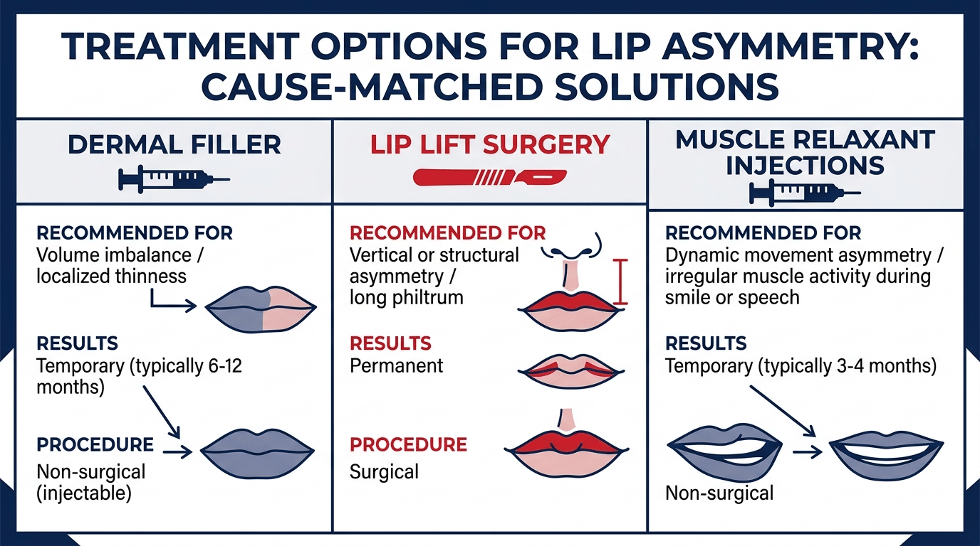 Medical comparison diagram showing three treatment options for lip asymmetry including dermal filler lip lift surgery and muscle relaxant injections matched to underlying cause