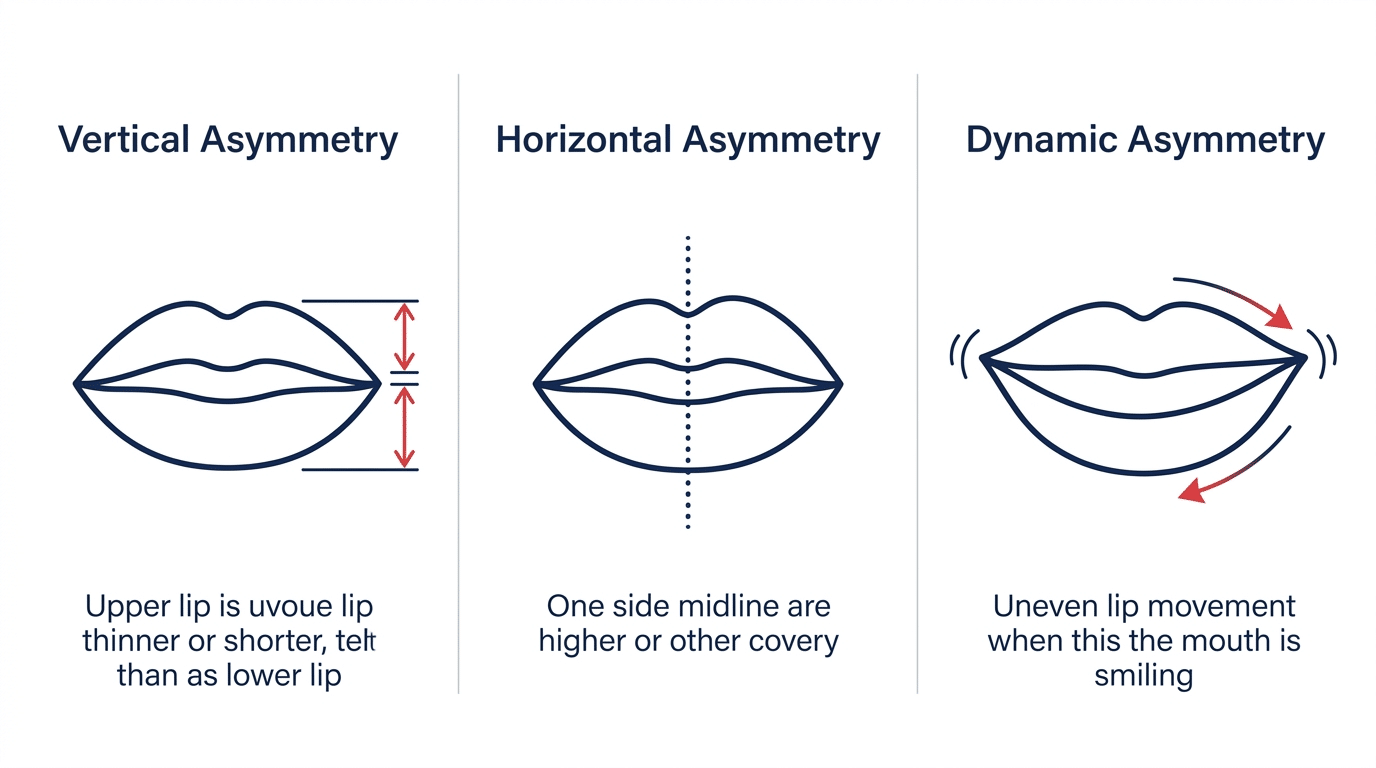Medical diagram showing three types of lip asymmetry including vertical asymmetry horizontal asymmetry and dynamic asymmetry on lip outline illustrations
