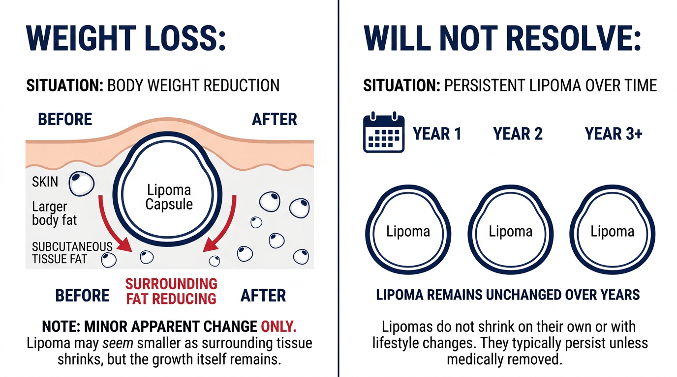 Medical diagram comparing weight loss effects on lipoma appearance versus the lipoma remaining unchanged over time