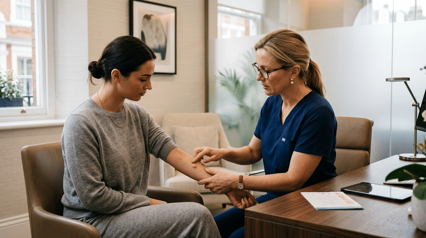 Surgeon examining a lump on a patient's arm during consultation at Centre for Surgery London Baker Street clinic