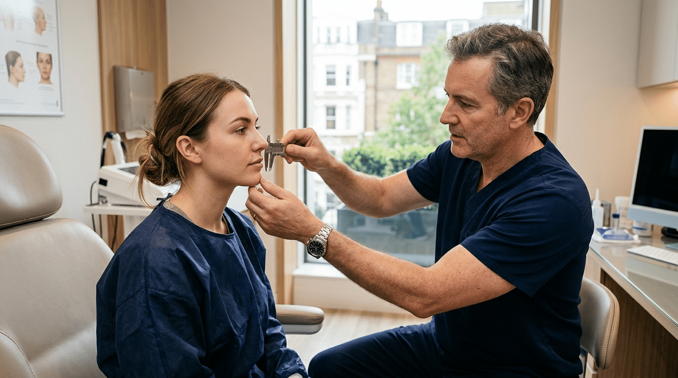 Surgeon assessing patient lip and philtrum proportions during facial surgery consultation at Centre for Surgery London Baker Street clinic