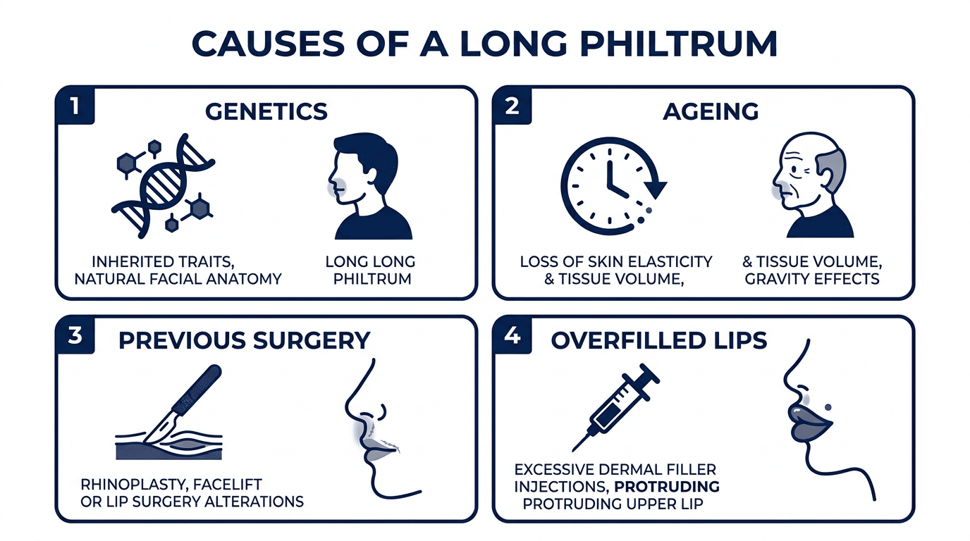 Medical diagram showing four causes of a long philtrum including genetics ageing previous surgery and overfilled lips