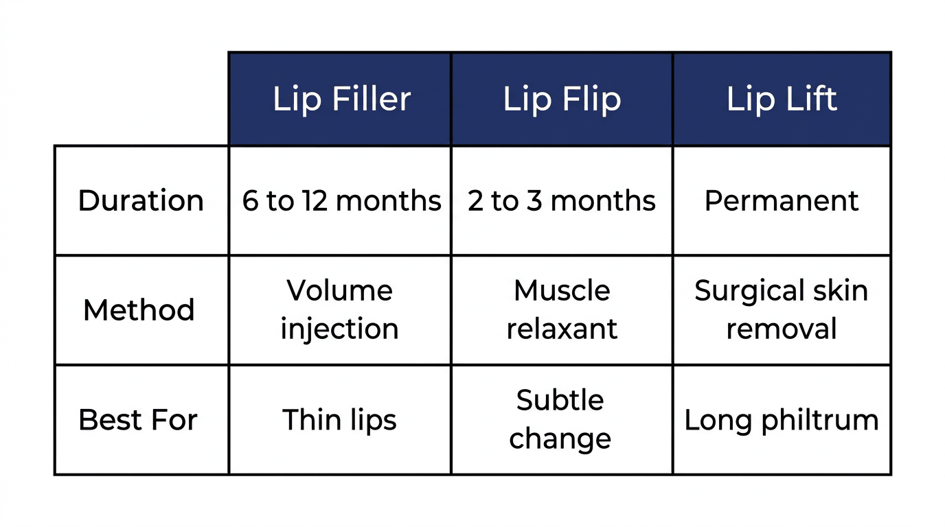 Medical comparison table showing three treatment options for a long philtrum comparing lip filler lip flip and lip lift by duration method and best candidate