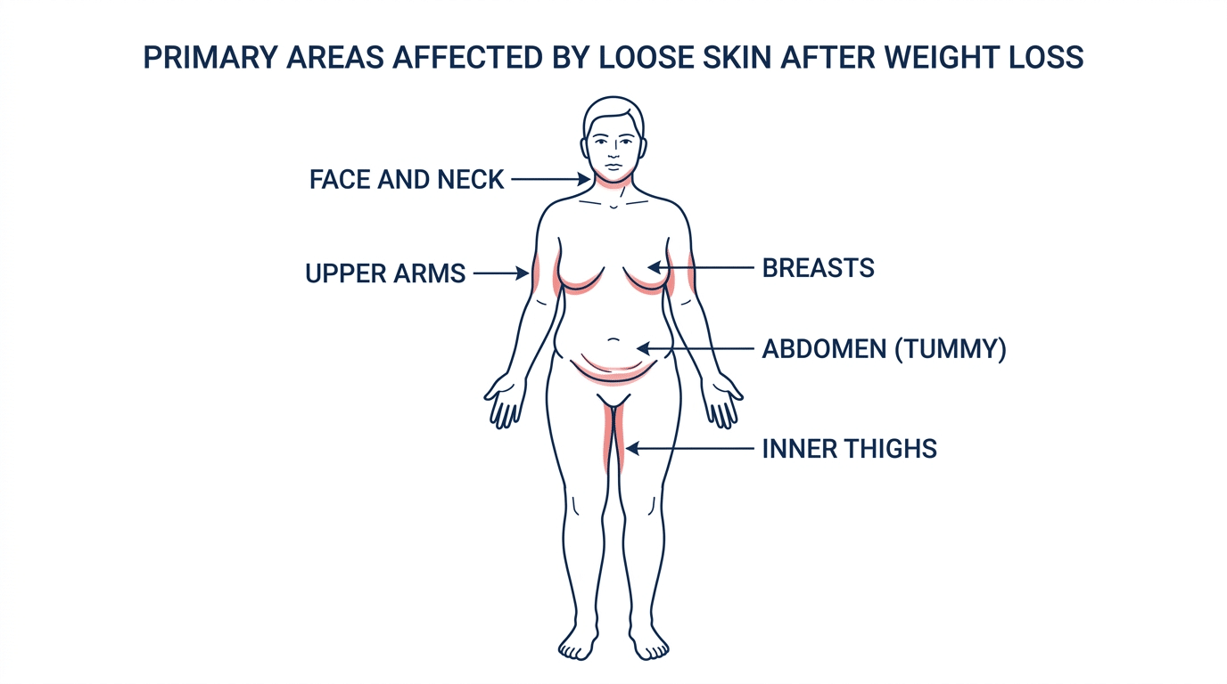 Body diagram showing areas most affected by loose skin after weight loss including face neck upper arms abdomen breasts and inner thighs