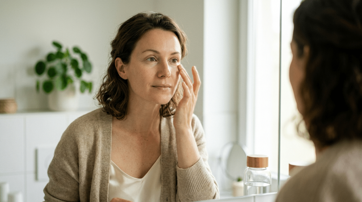 Woman examining the delicate skin around her eye in a mirror, checking small white milia bumps