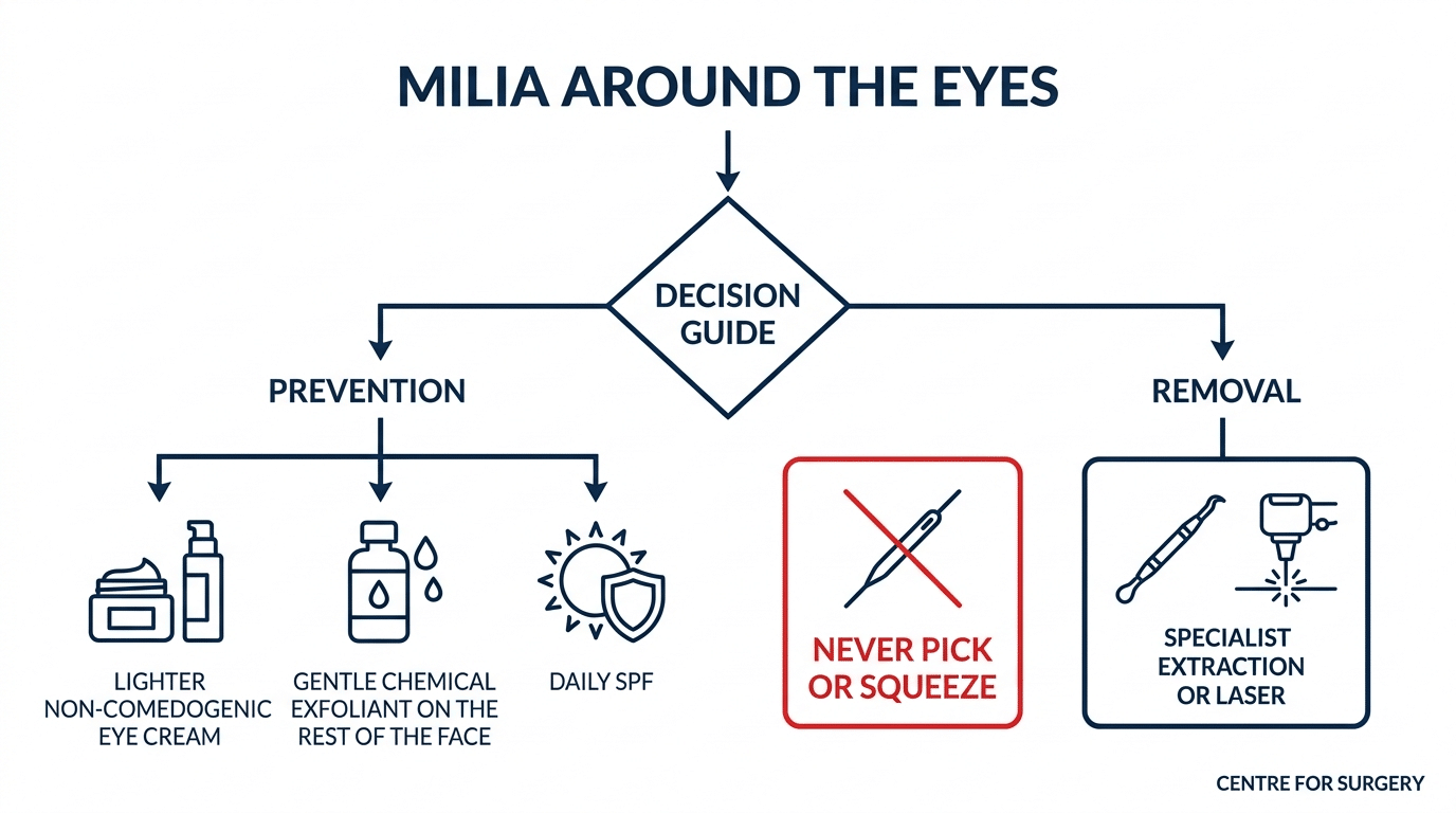 Decision guide showing prevention options for milia including lighter eye cream, gentle exfoliation and SPF, alongside specialist removal, with a warning never to pick or squeeze