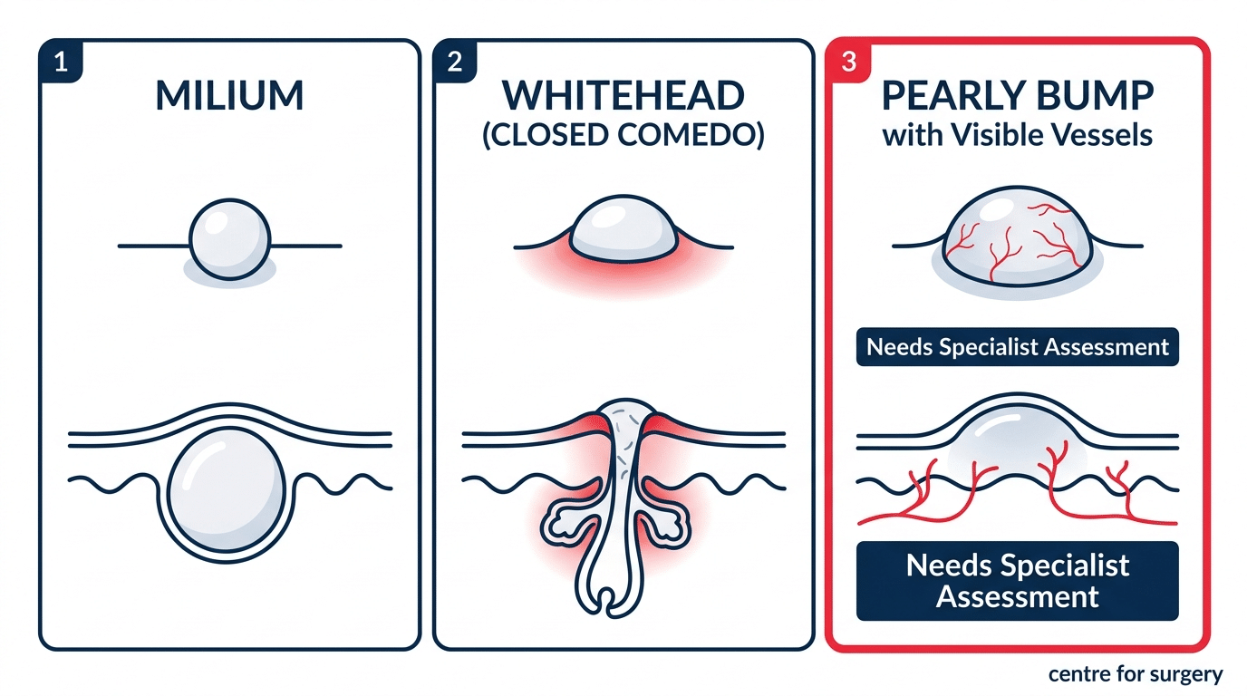 Comparison diagram of a milium with no pore opening, a whitehead with a visible pore, and a pearly bump with fine surface blood vessels requiring specialist assessment