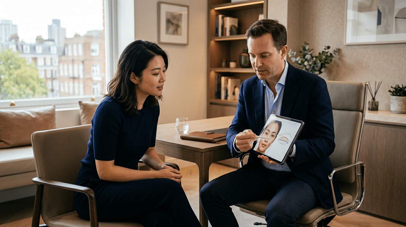 Patient in consultation with facial surgeon discussing monolid double eyelid surgery crease options at Centre for Surgery London Baker Street clinic