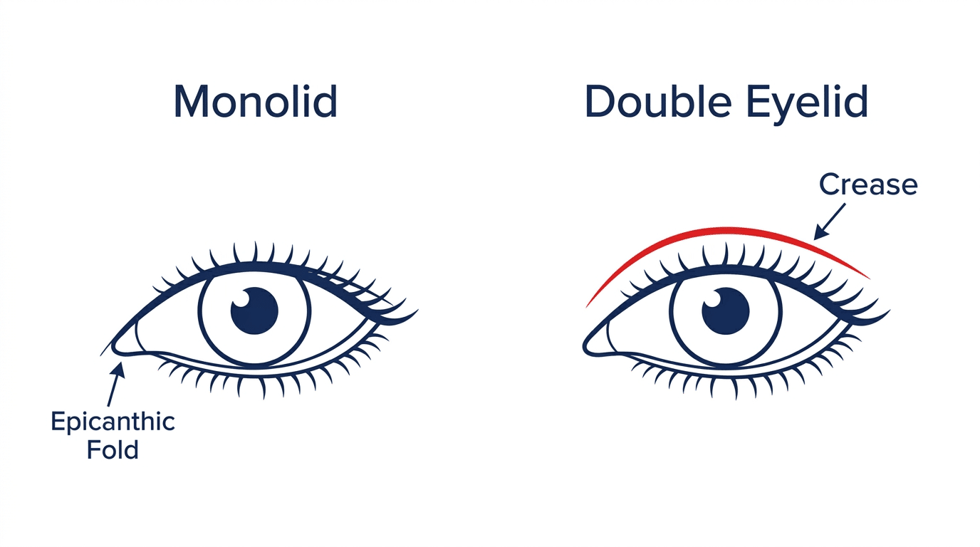 Medical diagram comparing a monolid eye with no crease and an epicanthic fold to a double eyelid with a visible crease above the lashes