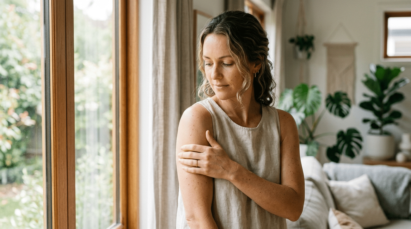 Woman in her thirties calmly checking a new mole on her skin at home in natural light