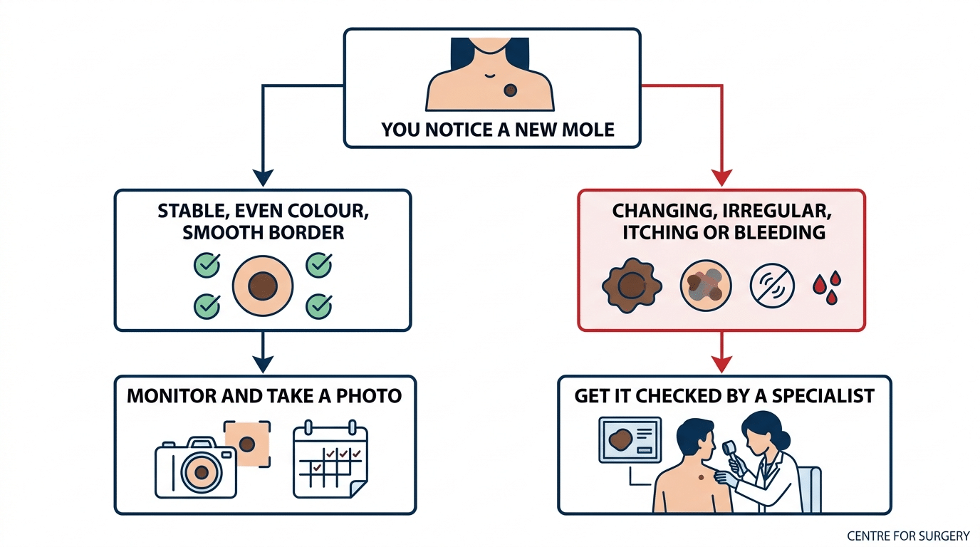 Decision guide for a new mole: monitor if stable, get it checked if changing, irregular, itching or bleeding