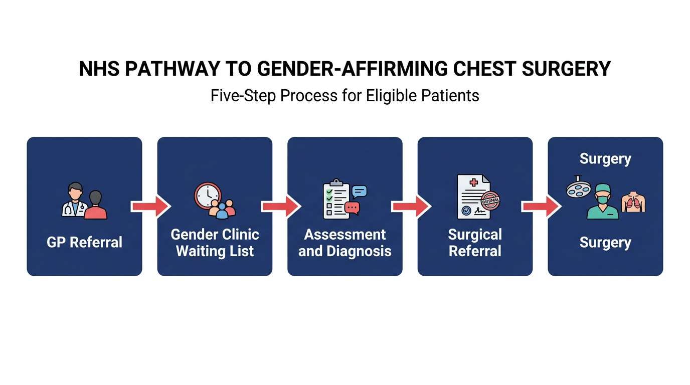 Medical flowchart showing the five steps of the NHS pathway to FTM top surgery from GP referral through gender clinic waiting list assessment and diagnosis to surgical referral and surgery
