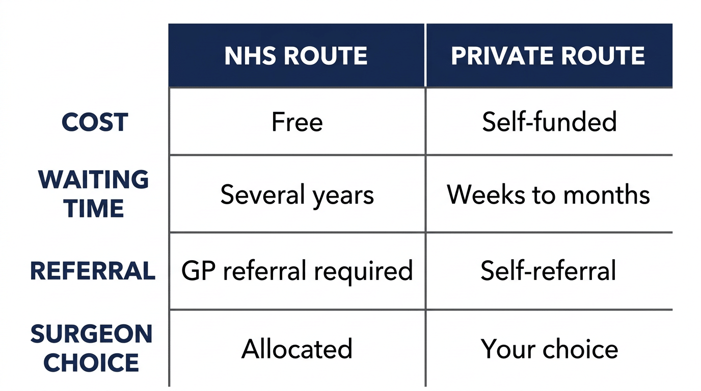 Medical comparison table showing NHS route versus private route for FTM top surgery comparing cost waiting time referral requirements and surgeon choice