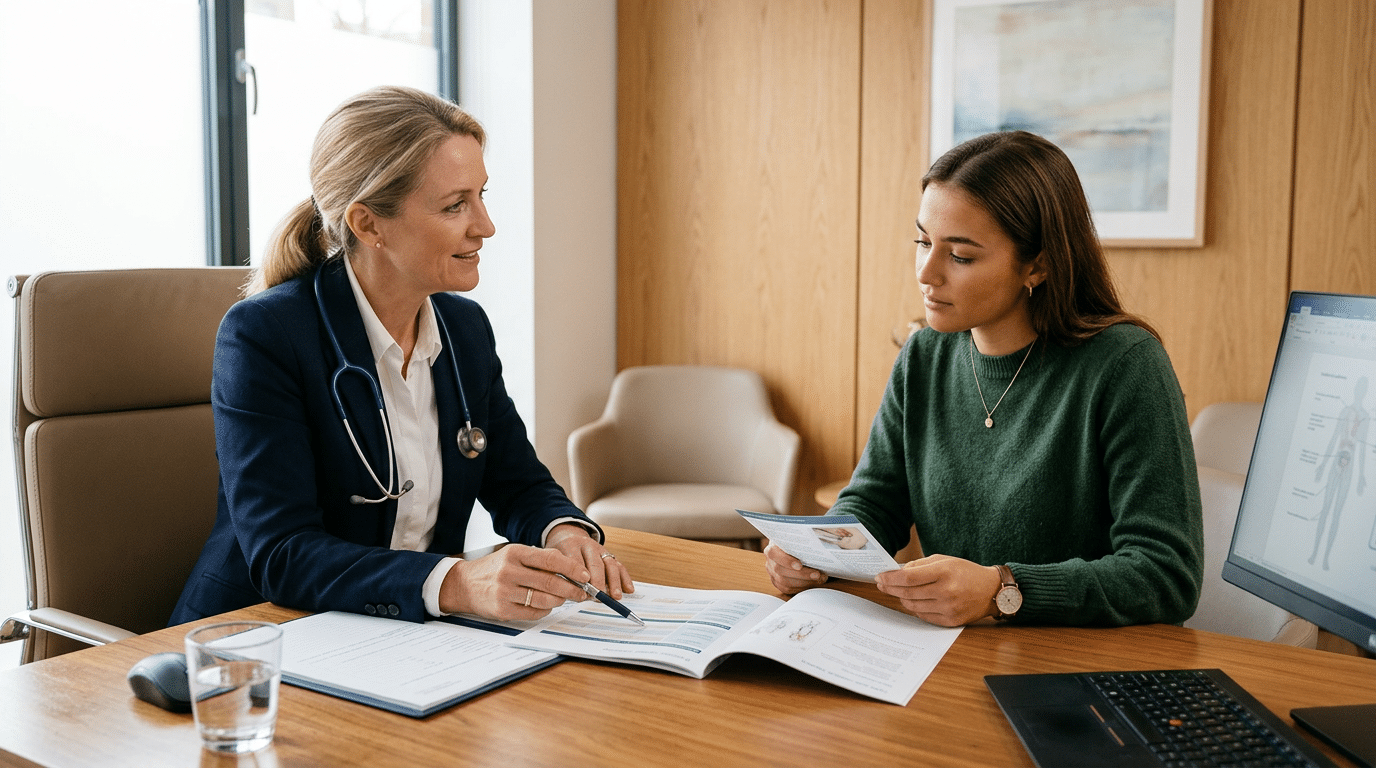 Patient in consultation with doctor discussing FTM top surgery pathway options at Centre for Surgery London Baker Street clinic