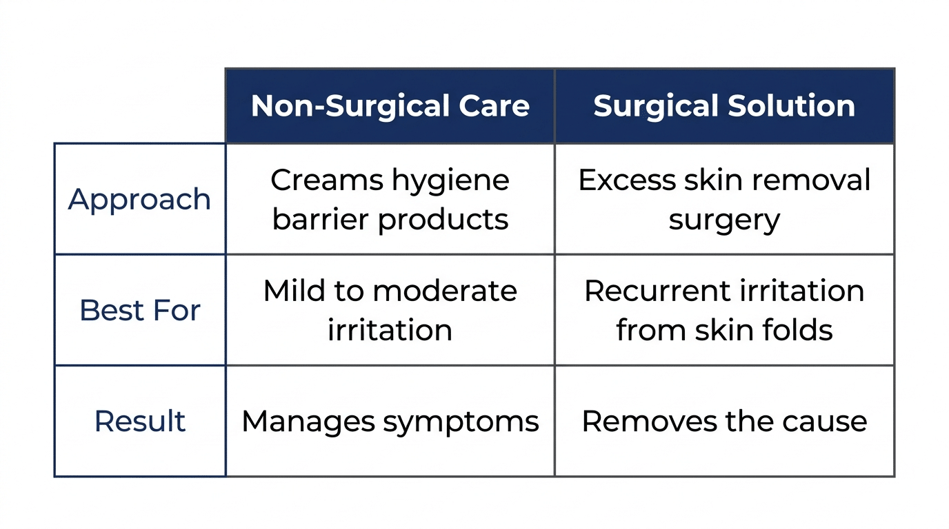 Medical comparison table showing non-surgical care versus surgical solution for skin irritation after weight loss comparing approach best candidate and result