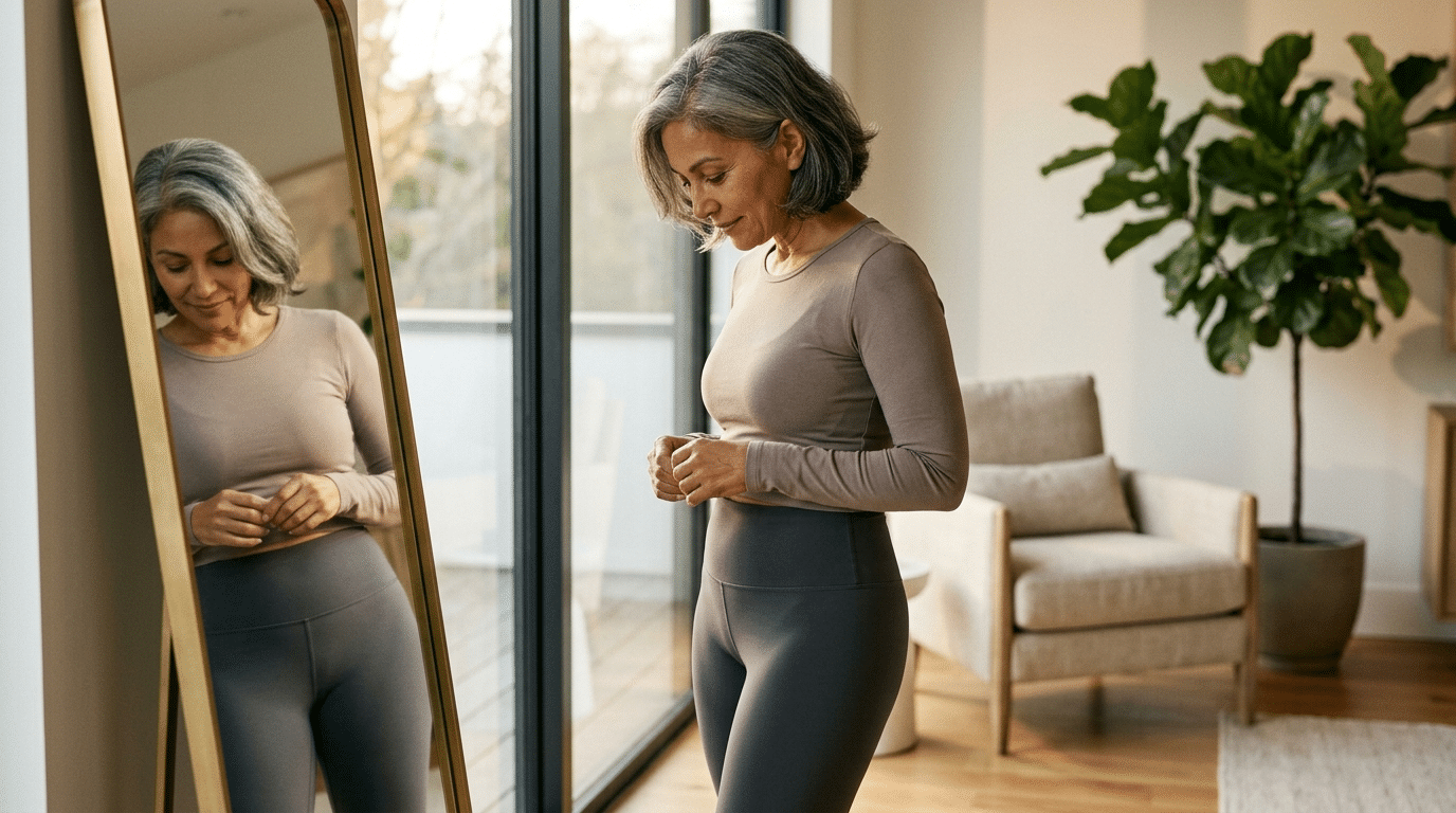 Person on a weight loss journey looking thoughtfully at their midsection representing skin changes after GLP-1 weight loss at Centre for Surgery London
