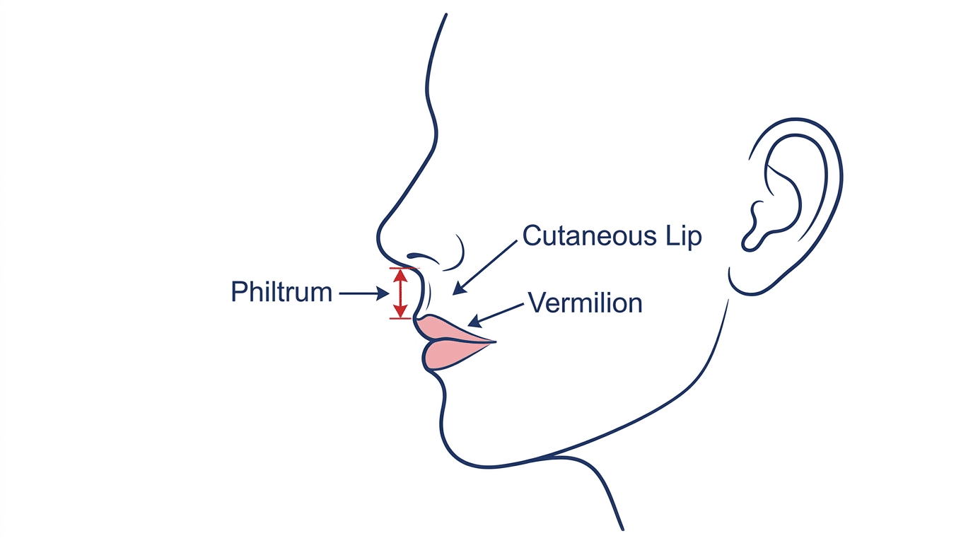 Medical diagram showing philtrum anatomy on side profile with measurement line between base of nose and upper lip and labels for cutaneous lip and vermilion
