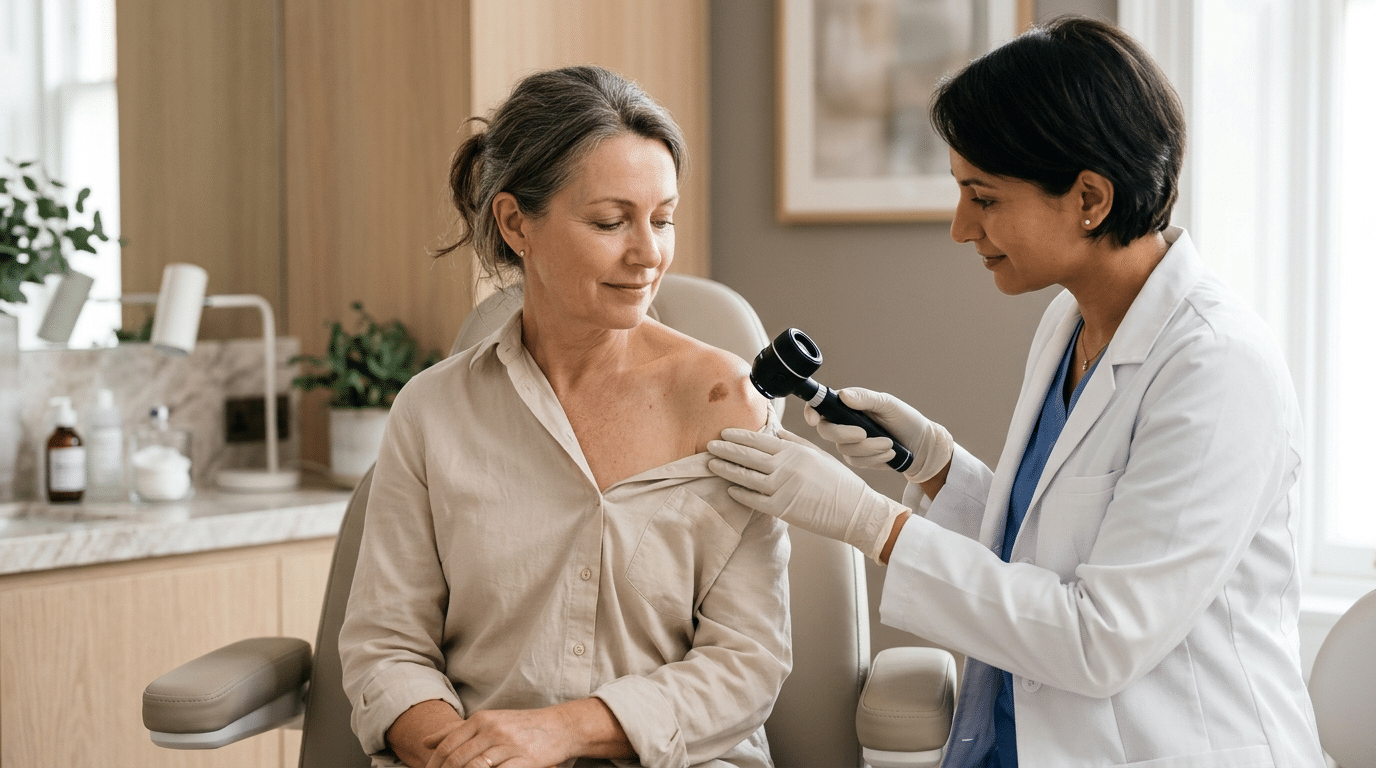 Specialist examining a skin lesion with a dermatoscope at a London clinic to check for melanoma