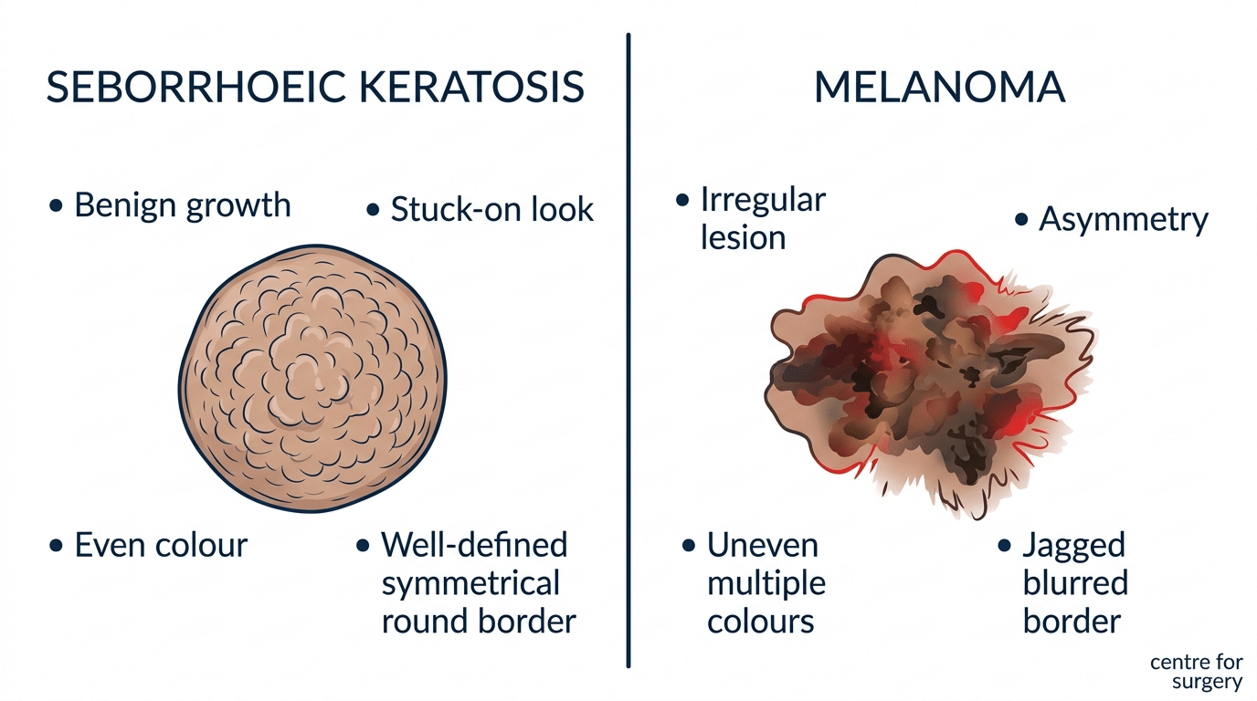 Side-by-side comparison of a benign seborrhoeic keratosis versus a melanoma, showing differences in symmetry, colour and border