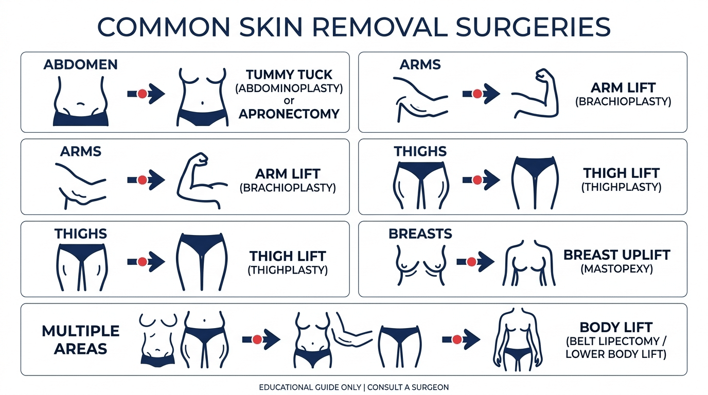 Infographic matching loose skin body areas to their skin removal procedures tummy tuck arm lift thigh lift breast uplift and body lift