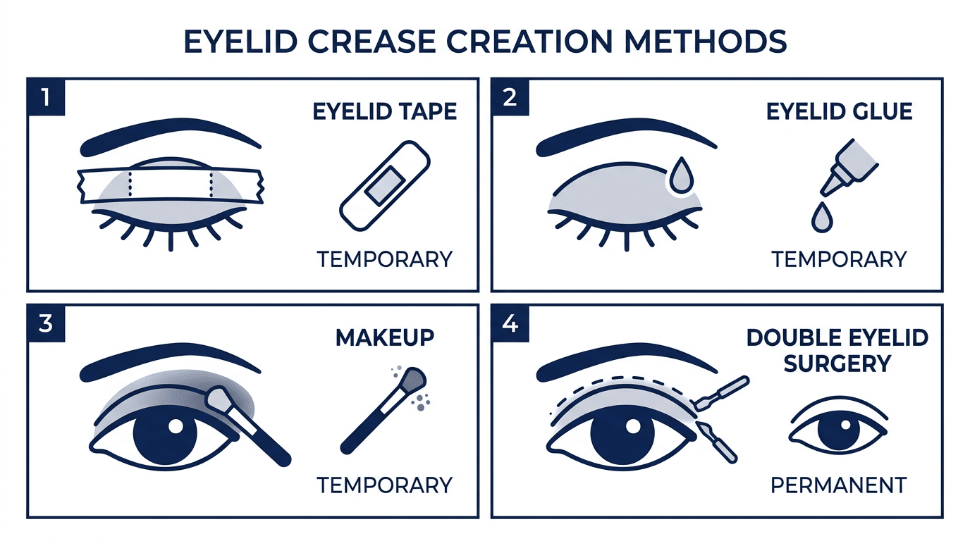 Medical diagram comparing temporary ways to create an eyelid crease including eyelid tape glue and makeup versus permanent double eyelid surgery