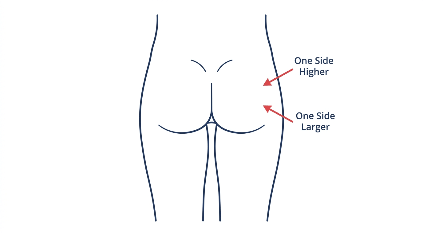 Medical diagram showing uneven buttocks glute imbalance from rear view with one buttock higher and one larger