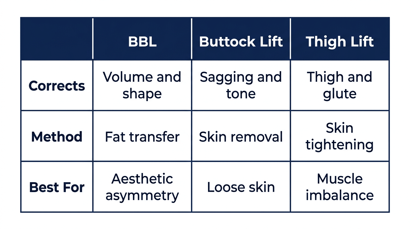 Medical comparison table showing BBL buttock lift and thigh lift for uneven buttocks comparing what each corrects method and best candidate