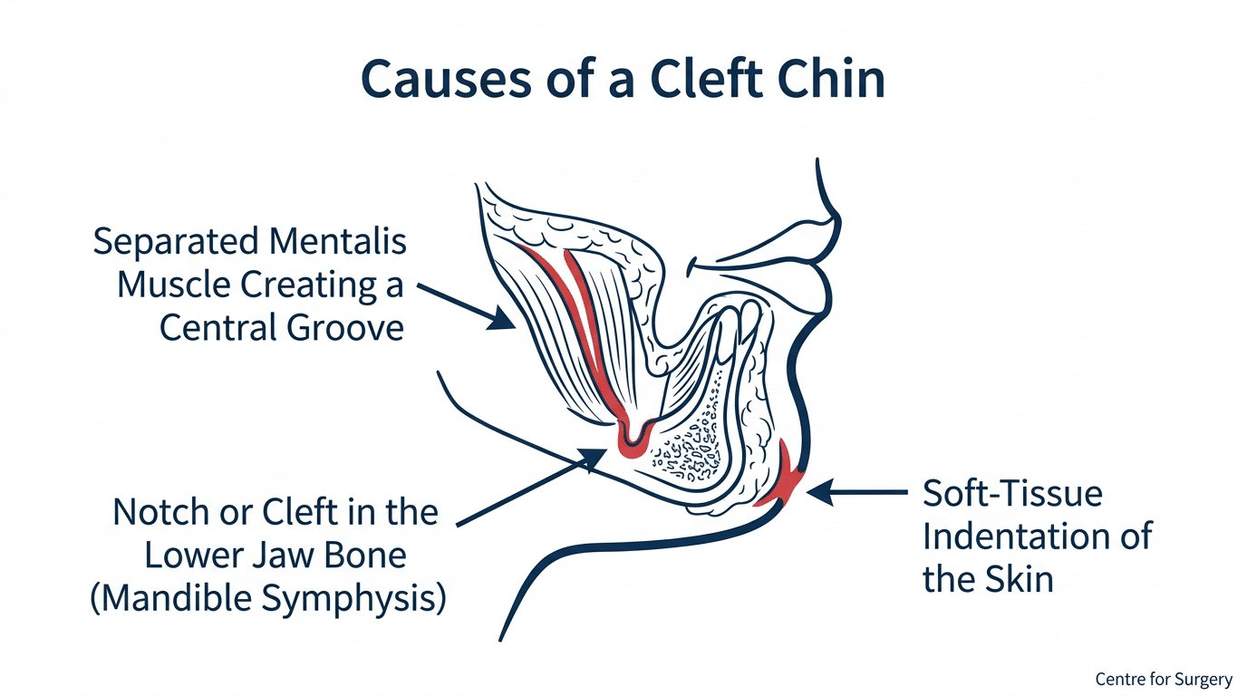 Diagram showing the three causes of a cleft chin: mentalis muscle separation, jaw bone notch, and soft-tissue indentation