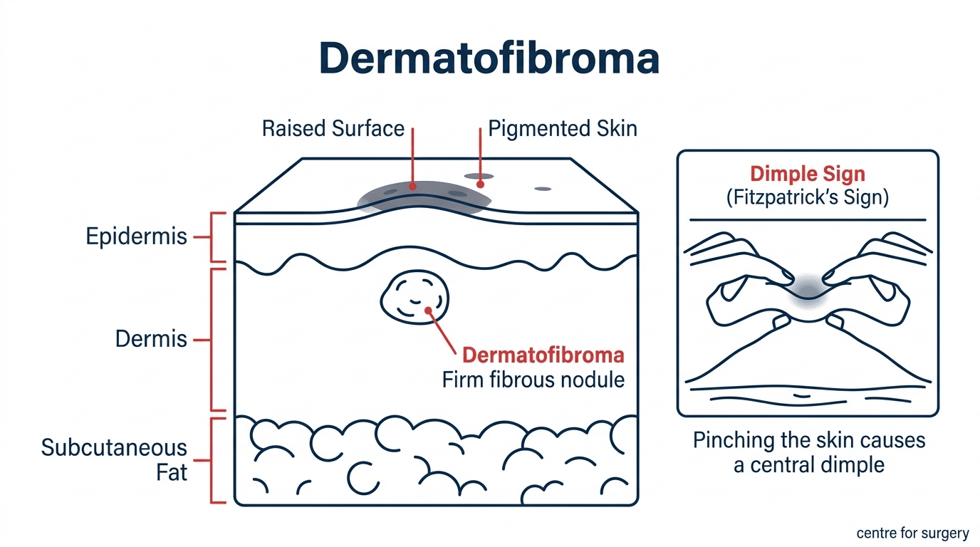 Diagram showing a dermatofibroma as a firm fibrous nodule in the dermis, with the dimple sign when pinched