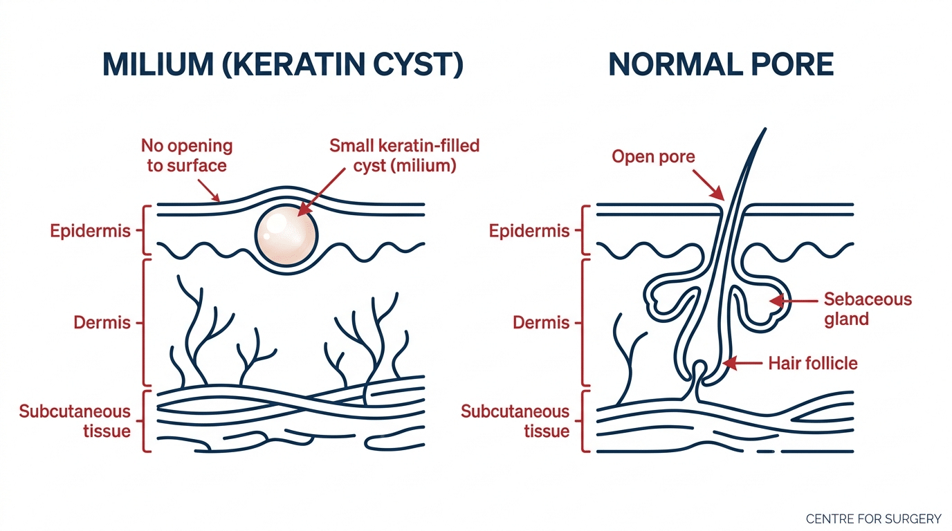 Diagram showing a milium as a small keratin-filled cyst trapped beneath the skin surface with no pore opening, compared with a normal pore