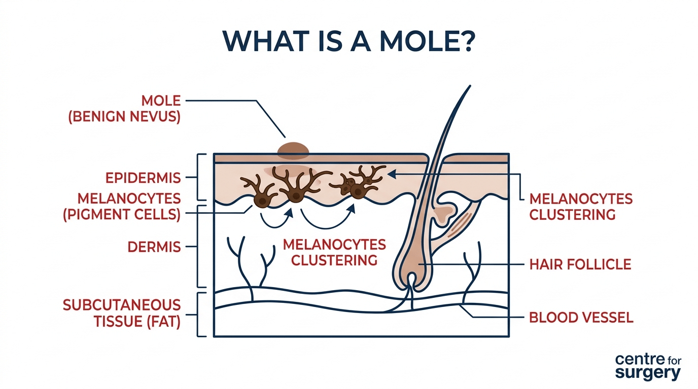 Diagram showing a mole forms when melanocytes (pigment cells) cluster together in the skin