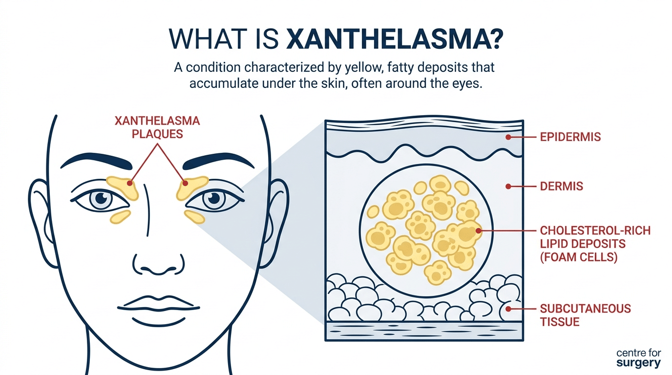 Diagram showing xanthelasma as soft yellow cholesterol-rich plaques on the inner corners of the eyelids