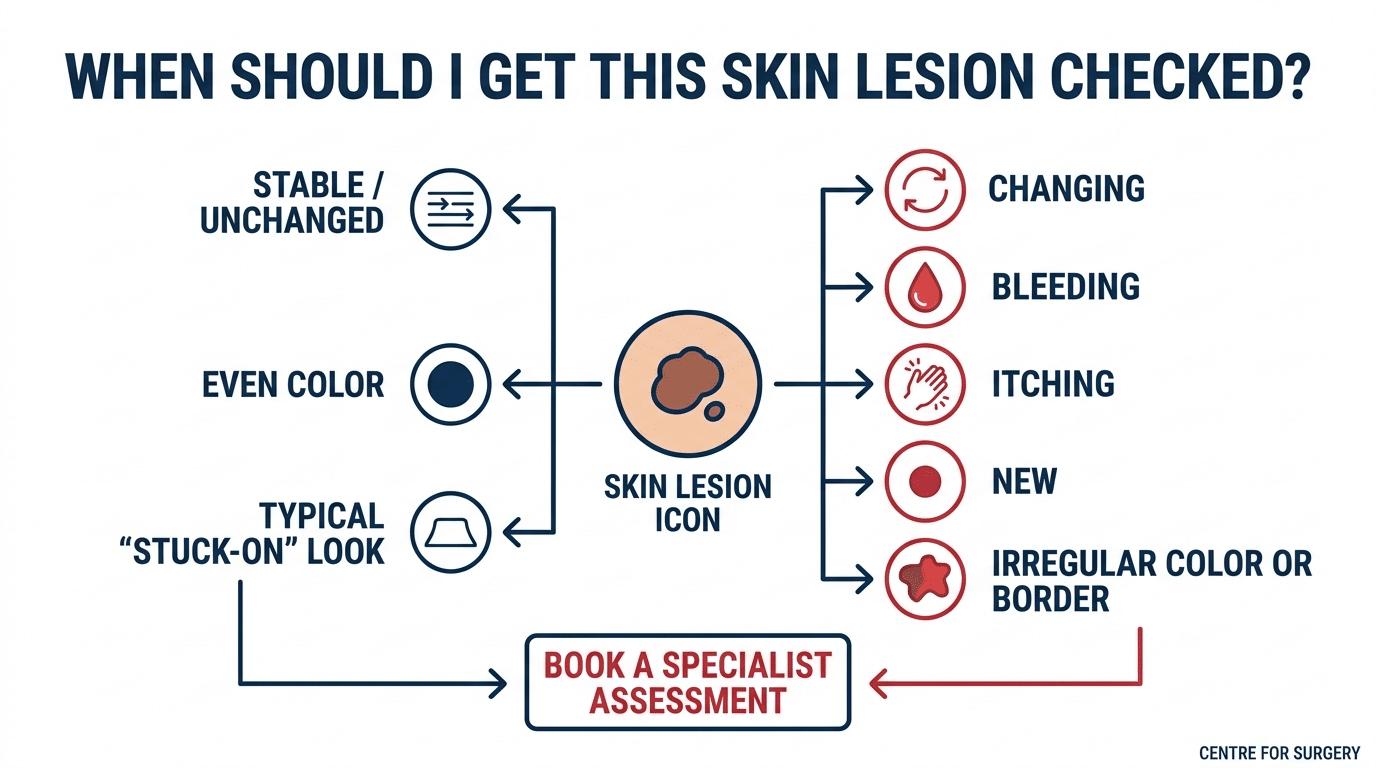 Decision guide showing when a skin lesion should be checked by a specialist versus when it is reassuring