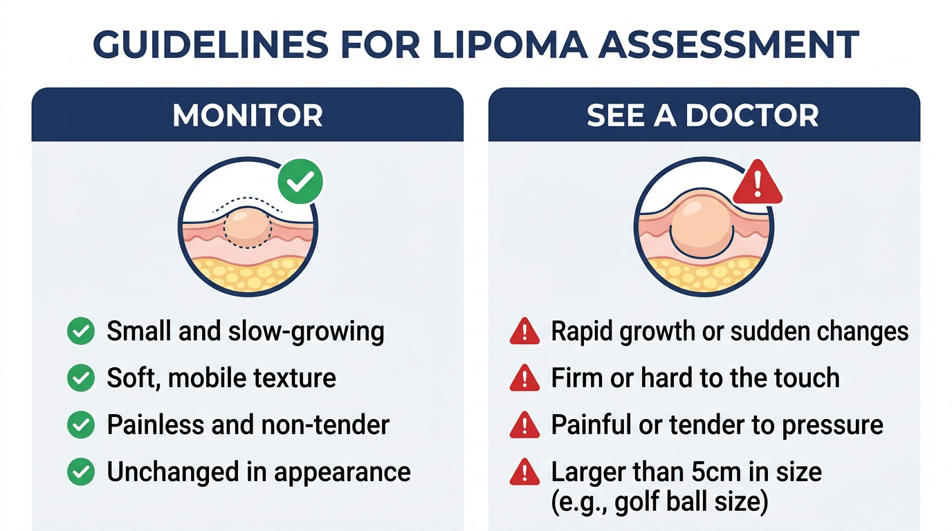 Medical checklist diagram showing when to monitor a lipoma versus when to see a doctor for assessment including rapid growth pain and hardness