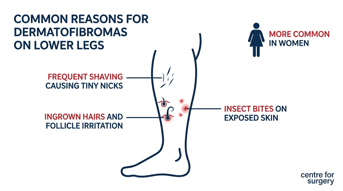 Diagram explaining why dermatofibromas commonly appear on the lower legs: shaving nicks, ingrown hairs, and insect bites