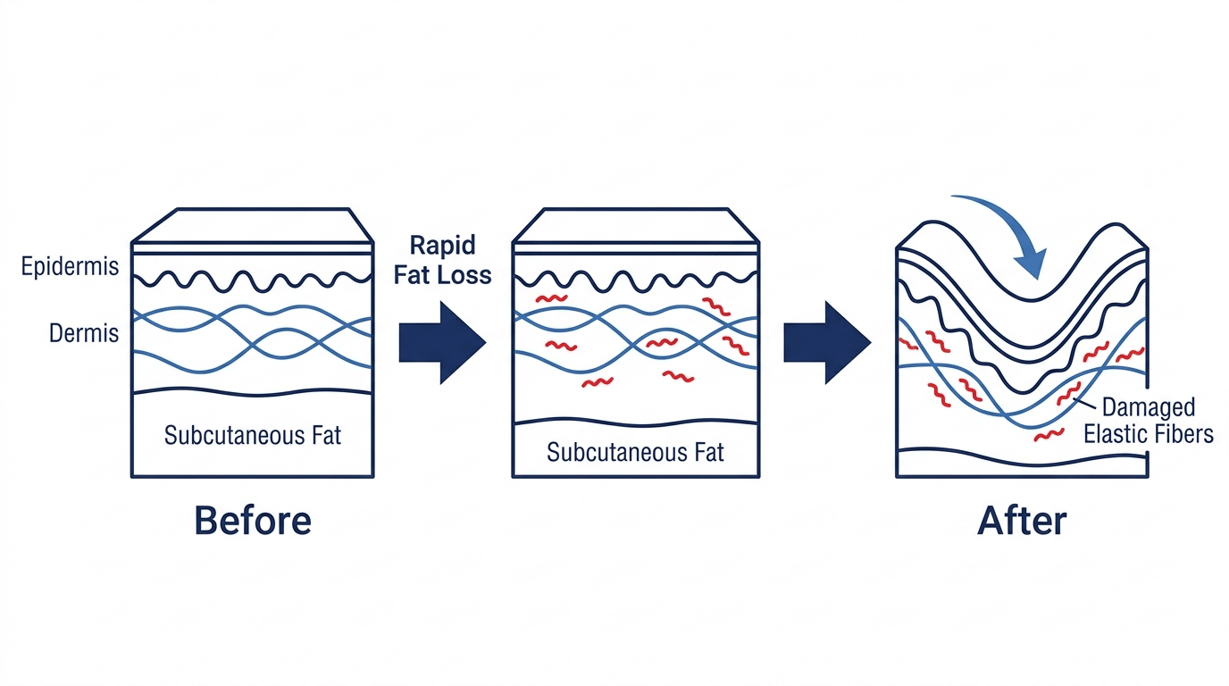 Medical diagram showing how rapid weight loss from GLP-1 medication causes loose skin when stretched skin cannot retract after fat is lost