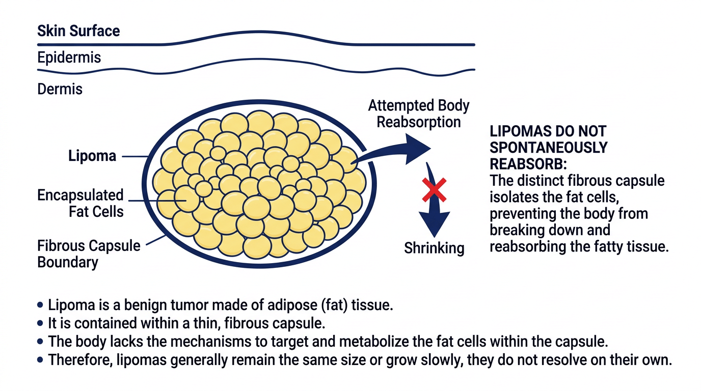 Medical cross-section diagram showing lipoma fat cells encapsulated in fibrous tissue beneath the skin explaining why lipomas do not resolve on their own