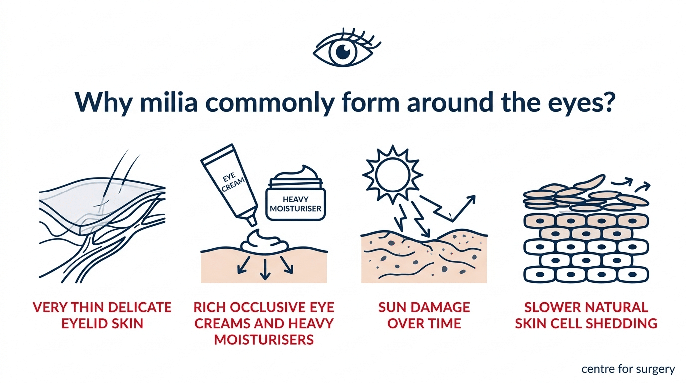 Diagram of the four reasons milia commonly form around the eyes: thin eyelid skin, rich occlusive eye creams, sun damage and slower skin cell shedding