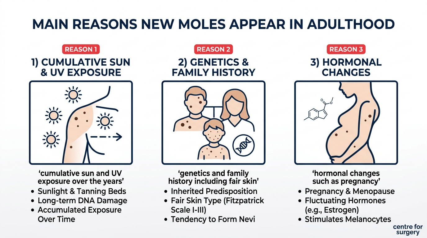 Diagram of the main reasons new moles appear in adults: cumulative sun exposure, genetics and family history, and hormonal changes