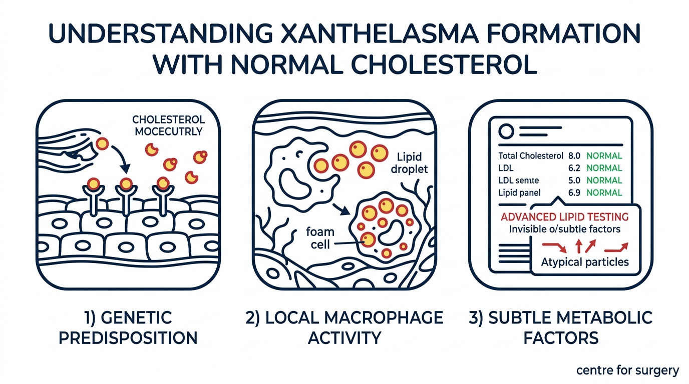 Diagram explaining why xanthelasma can form with normal cholesterol: genetic predisposition, local foam cells, and subtle lipid factors