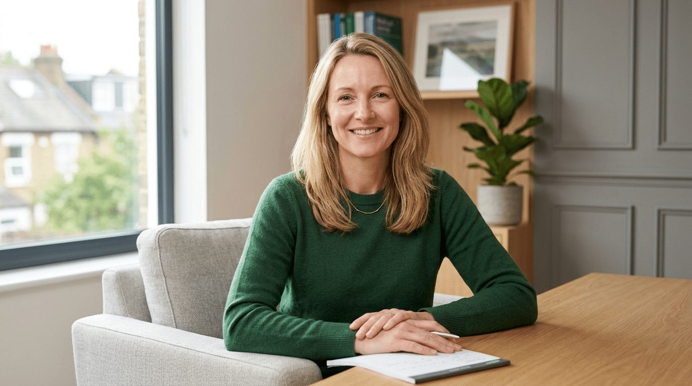 Reassured woman at a London clinic consultation after learning about xanthelasma with normal cholesterol